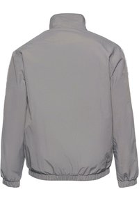 Grey windbreaker jacket with a high collar, elastic cuffs, and hem. Smooth texture, no visible patterns, simple design, and minimal hardware.