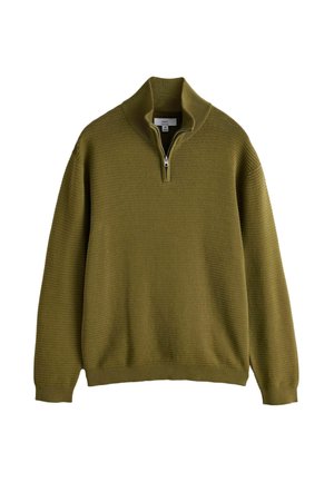 Olivgrüner, gerippter Strickpullover mit langen Ärmeln und einem Viertel-Reißverschluss am Kragen, Größe Medium, flach auf weißem Hintergrund liegend.