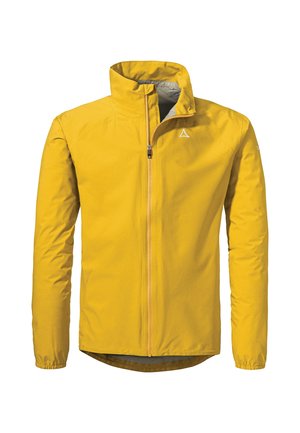 Gelbe wasserdichte Jacke mit Stehkragen, durchgehendem Reißverschluss, langen Ärmeln und leicht gewelltem Saum. Mit einem Logo auf der Brust.