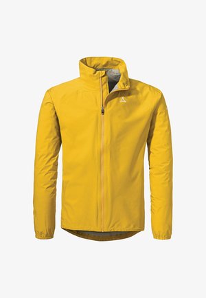 Gelbe wasserdichte Jacke mit Stehkragen, durchgehendem Reißverschluss, langen Ärmeln und leicht gewelltem Saum. Mit einem Logo auf der Brust.