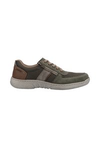 Men's sneaker in green and brown, featuring mesh and suede materials, lace and zipper closure, rubber sole with textured accents.