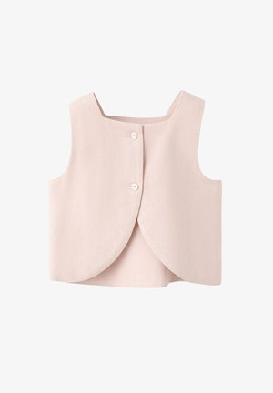 Gilet court sans manches rose clair avec encolure carrée et deux boutons sur le devant, doté d'un ourlet incurvé se chevauchant à l'avant.