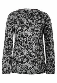 Black and gray long-sleeve top with a floral camouflage pattern, featuring a scoop neckline and elasticized cuffs. Lightweight, textured fabric.