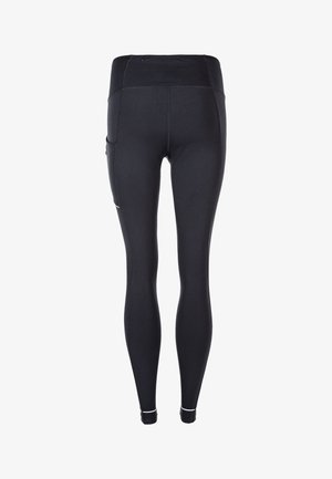 Svarta leggings med hög midja, slät textur och elastiskt tyg, med en sidoficka och reflekterande detaljer.