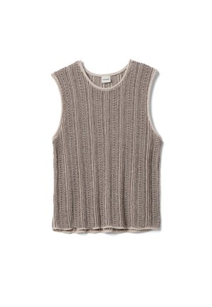 Ärmellose Strickweste mit vertikalem Rippmuster in Beige- und Hellbrauntönen, Rundhalsausschnitt, flachem Saum und weicher Textur.