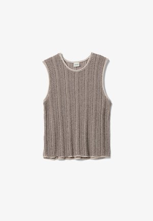 Sleeveless knitted sweater vest with vertical ribbing pattern in beige and light brown tones, round neck, flat hem, and soft texture.