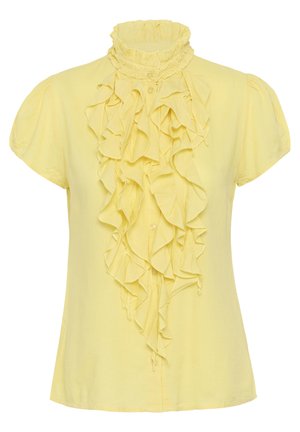 Gele blouse met korte mouwen, een hoge geplooide kraag en vallende ruches aan de voorkant, met knoopsluiting.