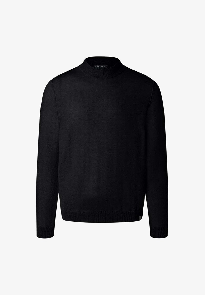 Schwarzer langärmliger Strickpullover mit Stehkragen sowie gerippten Bündchen und Saum, auf einem schlichten weißen Hintergrund präsentiert.