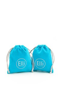 Tirkizne platnene torbe na vezanje, s bijelim logotipom 'Elli by Julie & Grace', s glatkom teksturom i mekim izgledom.