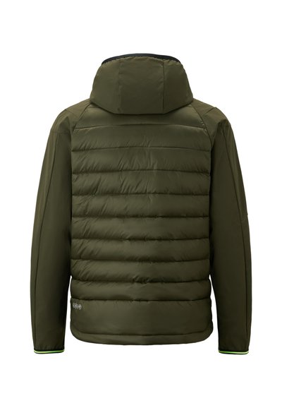 Olive green puffer jacket with horizontal quilted pattern, a removable hood, and elastic cuffs with green accents. Smooth outer material.