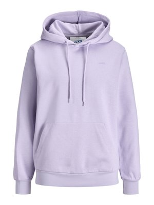 Hellviolette Kapuzenjacke mit Kängurutasche vorne, Kordelzugkapuze und dezent kleinem Logo auf der Brust.