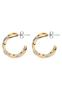 Gold-tone hoop earrings feature a curved design with silver accents and small stones embedded along one side, providing a textured appearance.