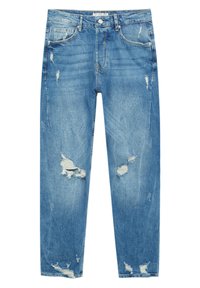 Jeans in denim blu con dettagli strappati su cosce e ginocchia, stile classico a cinque tasche e chiusura con bottone in vita.