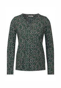 Donkergroen shirt met lange mouwen en een zigzagpatroon. Gemaakt van zacht materiaal, met een V-hals en een relaxte pasvorm. Geen zichtbare hardware.