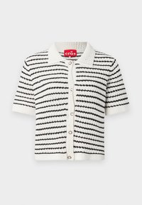 Kortermet cardigan i svart-hvitt stripete mønster, laget av teksturert strikket stoff, med krage og knappelukking foran.
