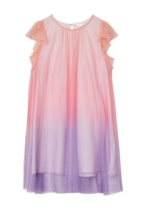 Ärmelloses Kleid mit einem Farbverlauf von Rosa zu Lila, ausgestattet mit Rüschen an den Schultern und einem subtilen Schimmer im Stoff.
