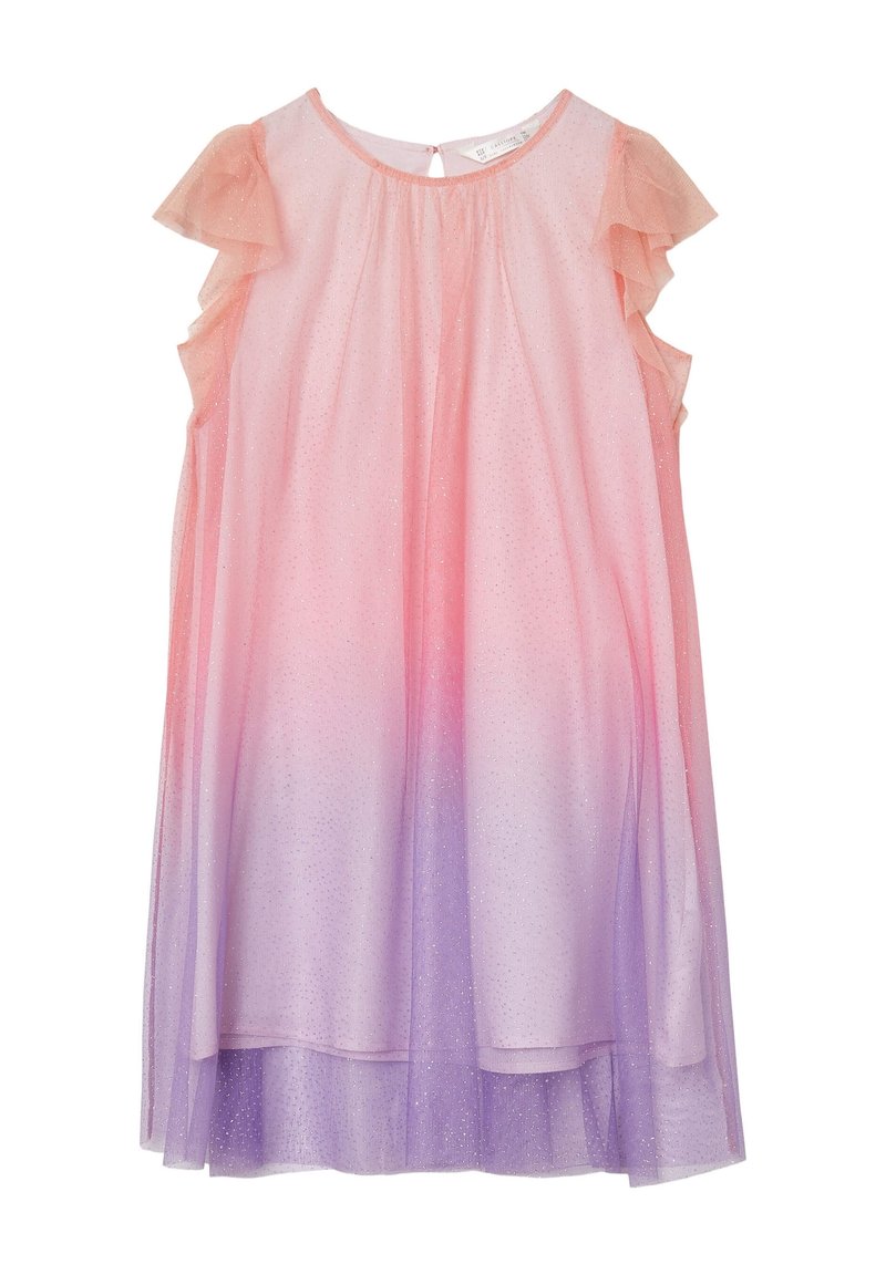 Ärmelloses Kleid mit einem Farbverlauf von Rosa zu Lila, ausgestattet mit Rüschen an den Schultern und einem subtilen Schimmer im Stoff.