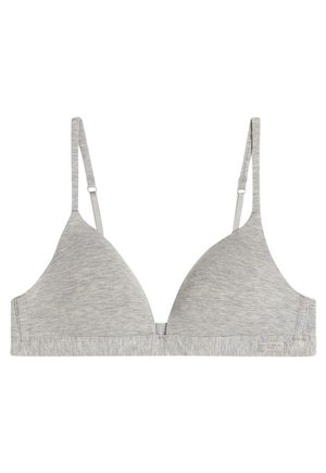 Grijze driehoek bralette gemaakt van zachte, rekbare stof. Heeft dunne verstelbare bandjes en een naadloos ontwerp met een subtiele textuur.