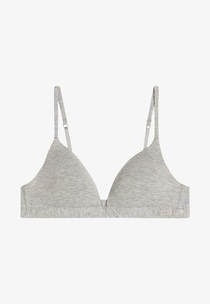 Grå triangle bralette lavet af blødt, strækbart stof. Har tynde justerbare stropper og et sømløst design med en subtil tekstur.