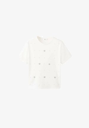 Weißes Baumwoll-T-Shirt mit kurzen Ärmeln, verziert mit silberner Blumenstickerei und kleinen dekorativen Elementen, die gleichmäßig über die Vorderseite verteilt sind.