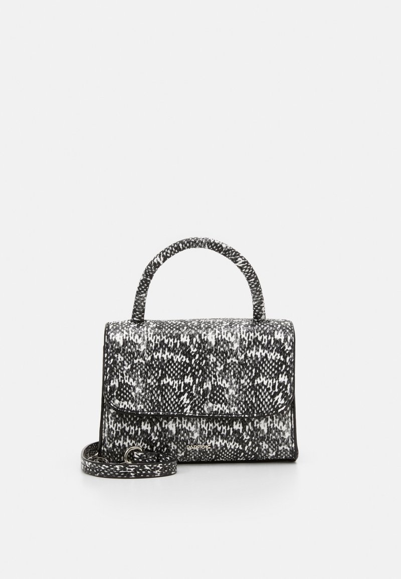 Borsa a mano a fantasia bianca e nera con forma strutturata, manico superiore, tracolla rimovibile e chiusura a gancio. Texture liscia e materiale in finta pelle.