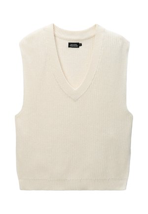 Pull sans manches en tricot crème doux à col en V. Présente un motif texturé, un ourlet côtelé et une étiquette intérieure avec le label de la marque "Monoprix."