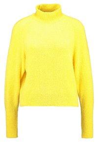 Yellow, chunky knit turtleneck sweater with long sleeves and ribbed hem. Soft texture, relaxed fit, and vibrant color.