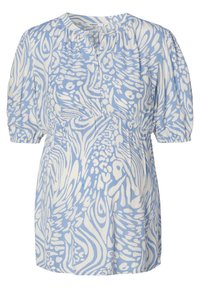 Hellblaue Bluse mit abstraktem weißen Muster, kurzen Puffärmeln, V-Ausschnitt und Knopfverschluss. Weicher Stoff mit strukturierter Oberfläche.