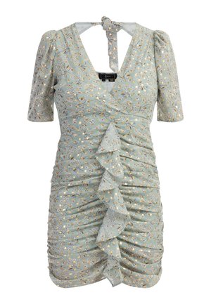 Květinové mini šaty z lehké zelené látky, s volánkovým předním dílem, krátkými nabíranými rukávy a zavazováním na zádech.