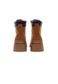Botas de tobillo de ante marrón con un cuello acolchado negro y suela gruesa marrón. Cuentan con un cierre de cremallera en el costado para facilitar su uso.