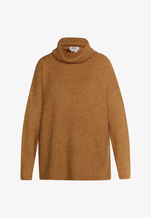 Musztardowo-żółty sweter z golfem, z długimi rękawami, luźnego kroju, z prążkowanym kołnierzem i miękką teksturą. Prosty, minimalistyczny design bez ozdób.