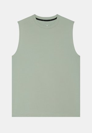 Ärmelloses, hellgrünes Tanktop mit rundem Ausschnitt, glattem Stoff und normaler Passform vor weißem Hintergrund dargestellt.