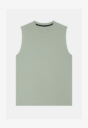 Ärmelloses, hellgrünes Tanktop mit rundem Ausschnitt, glattem Stoff und normaler Passform vor weißem Hintergrund dargestellt.