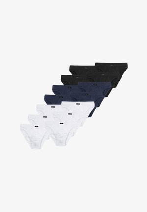 Verpakking van 10 herenboxers in verschillende kleuren: 4 zwart, 3 wit, 3 marineblauw. Gemaakt van katoen met een elastische tailleband en merklabel. Standaard snit.