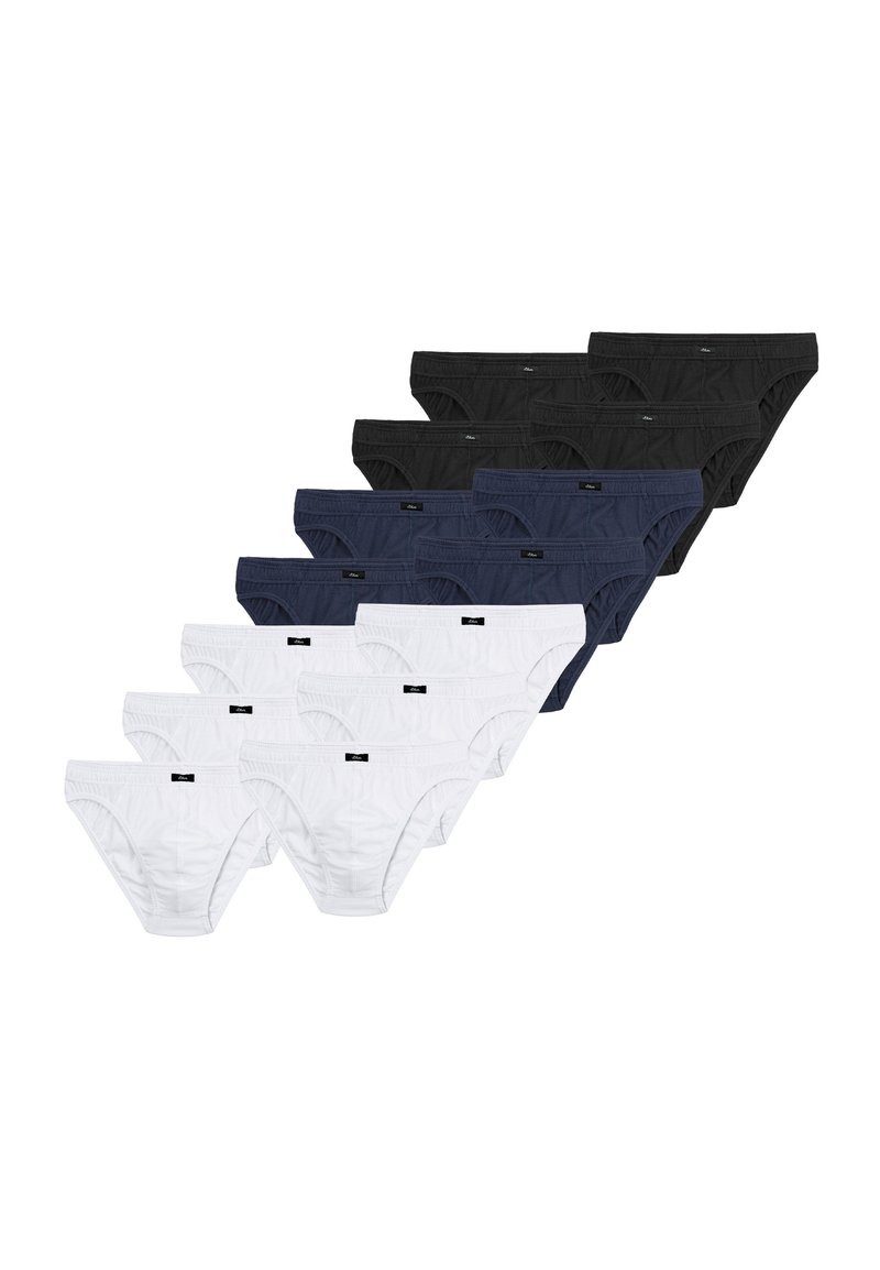 10er-Pack Herrenunterhosen in verschiedenen Farben: 4 schwarz, 3 weiß, 3 marineblau. Aus Baumwolle mit elastischem Bund und Markenschild. Normale Passform.