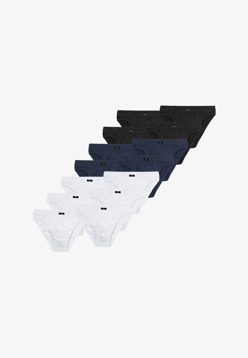 10er-Pack Herrenunterhosen in verschiedenen Farben: 4 schwarz, 3 weiß, 3 marineblau. Aus Baumwolle mit elastischem Bund und Markenschild. Normale Passform.