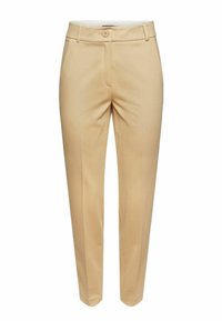 Beiget räätälöidyt housut, joissa on etunappi, vetoketjusulku, vyönlenkit ja sivutaskut, leikkaukseltaan kapeat ja suoralahkeiset.