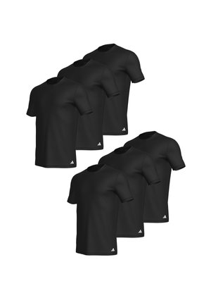 Schwarze Baumwoll-T-Shirts, kurze Ärmel, Rundhalsausschnitt, mit einem kleinen weißen Logo unten links auf jedem Shirt. Paket mit sechs Stück.