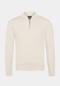 Pull-over beige clair avec col à fermeture éclair partielle, texture tricotée, manches longues, poignets et ourlet côtelés. Pas de motifs ou accents visibles.