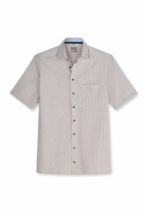 Chemise homme manches courtes gris clair, boutonnée, avec poche poitrine et doublure intérieure de col contrastante.