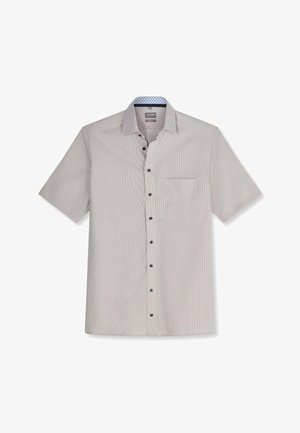 Hellgraues Herren-Kurzarmhemd mit Knopfleiste, Brusttasche und kontrastierender innerer Kragenverarbeitung.