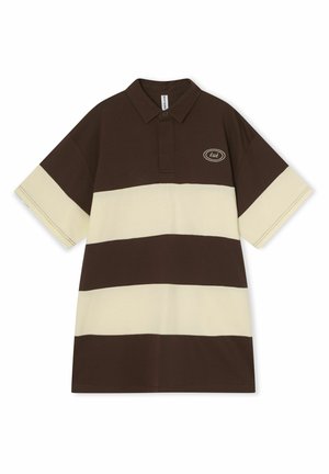 Brown and cream striped polo shirt with a collar. Features short sleeves, a relaxed fit, and a logo patch on the left chest.