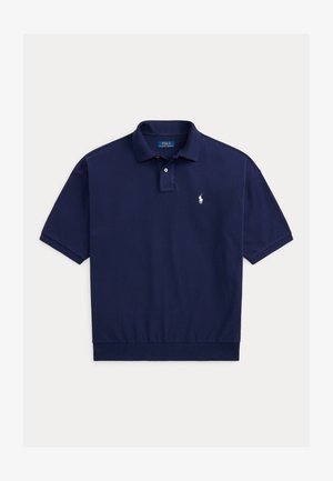 Marineblauw Polo Ralph Lauren shirt met korte mouwen, kraag, twee-knopenbies en wit geborduurd logo op de linkerborst.