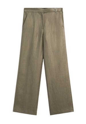 Kalhoty s širokými nohavicemi z texturované olivově zelené látky s vertikálními proužky, vybavené bočními kapsami a poutky na pásek.