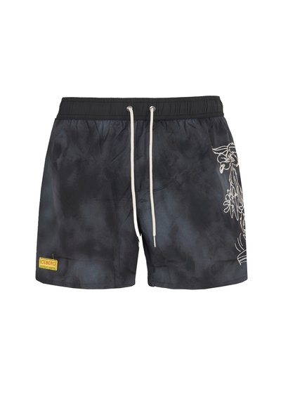 Pantaloni da bagno neri con motivo tie-dye, vita elastica, chiusura con cordino e ricamo floreale bianco sul lato.