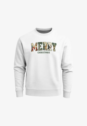 Weißes Sweatshirt mit dem mehrfarbigen Schriftzug "MERRY" in Blockbuchstaben und darunter "CHRISTMAS" in Grün. Gerippte Bündchen und Kragen. Weiche Textur.