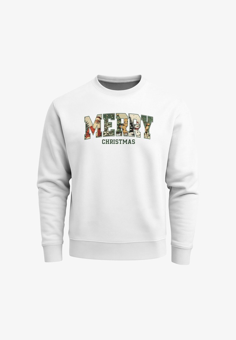 Weißes Sweatshirt mit dem mehrfarbigen Schriftzug "MERRY" in Blockbuchstaben und darunter "CHRISTMAS" in Grün. Gerippte Bündchen und Kragen. Weiche Textur.