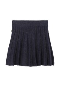 Gonna plissettata blu navy con una cintura a coste testurizzata. Presenta fili luccicanti intrecciati per un leggero bagliore.