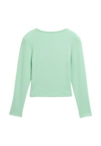 Top cropped a maniche lunghe color verde menta in tessuto a coste. Presenta un collo rotondo e un design minimale senza decorazioni o motivi.