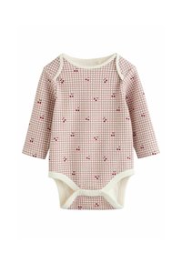 Långärmad babybodysuit med rosa och vit rutmönster samt små röda körsbärstryck, med tryckknappar i botten.